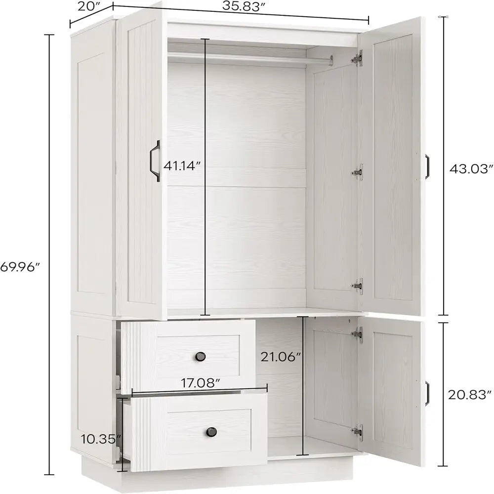 LIKIMIO Farmhouse Wardrobe Closet with Doors, 70" Bedroom Armoires with LED Lights and Hanging Rod,Wooden Large Wardrobe Cabinet