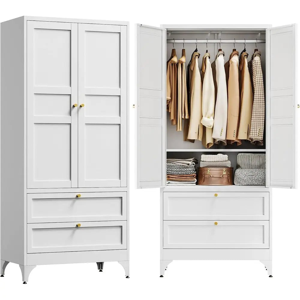 71" Metal Wardrobe Cabiwith 2 Ders,Steel Armoire Wardrobe Closet with Doand Shelves,Clothing Storage Cabiwith Hanging Rod or Bed