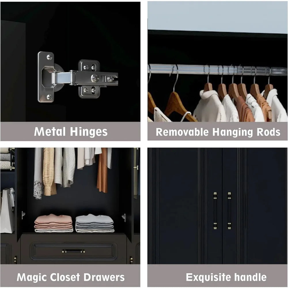 Wooden Armoire Wardrobe Closet：Modern Armoire Wardrobe Closet with 4 Doors, 2 Drawers and Hanging Rods for Tall Cabinet, Large C