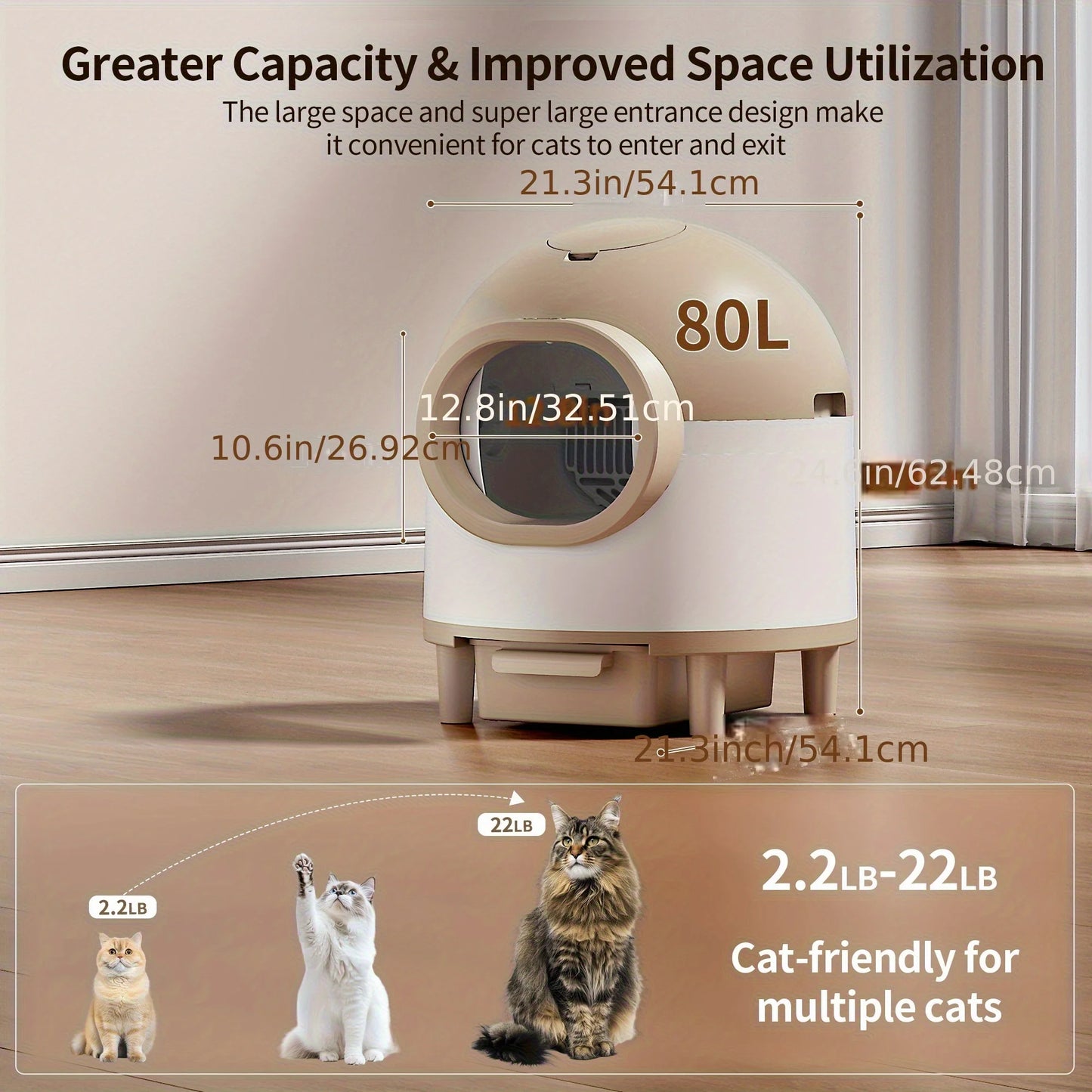 Self Cleaning Cat Litter Box For Multiple Cats, 80L Large Smart Automatic Cat Litter Box Wifi APP Control,  Safety Protection