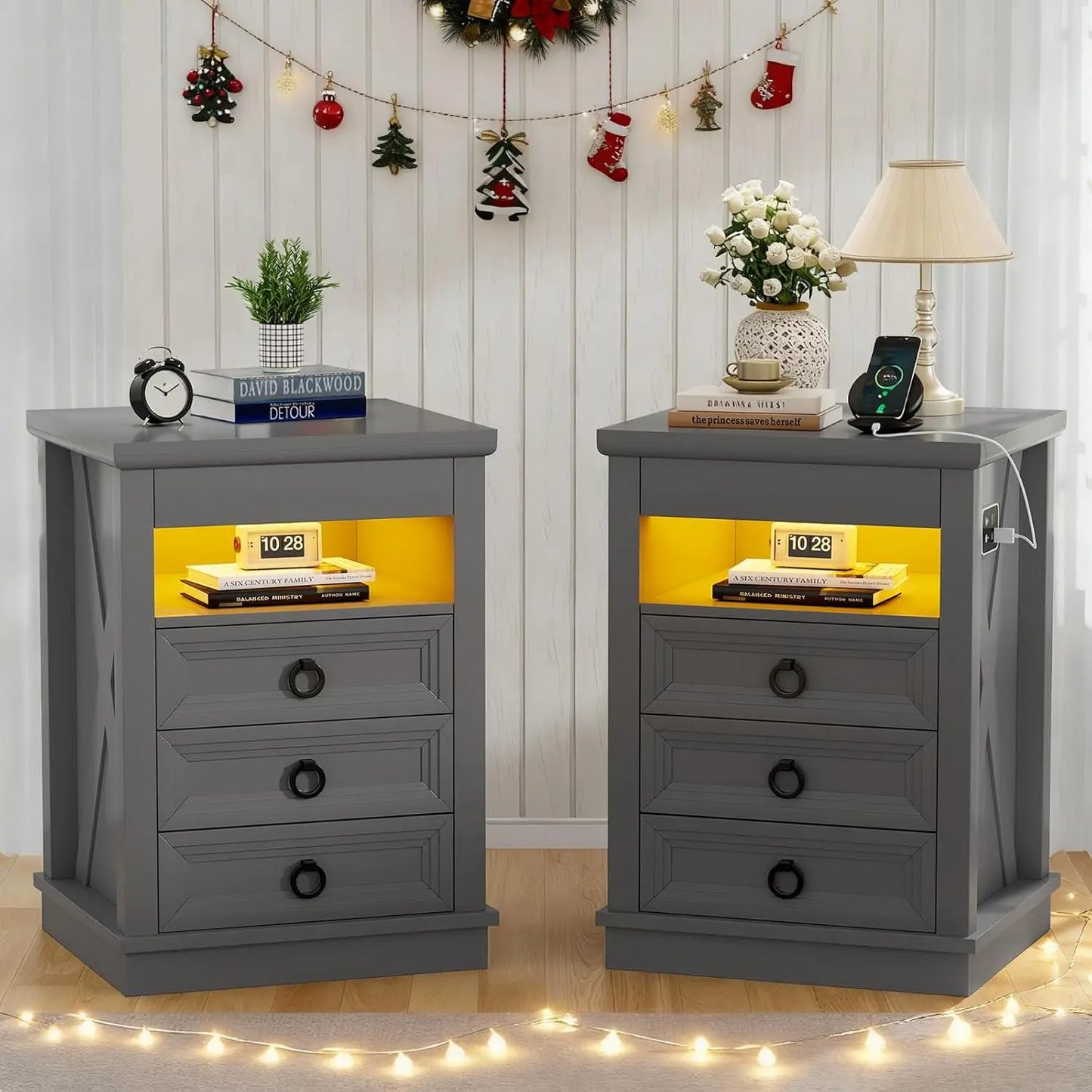 Smart Night Stand with Gun Drawer,Glass Top Nightstand with Charging Sation,LED Bedside Table with 3 Color, Customized
