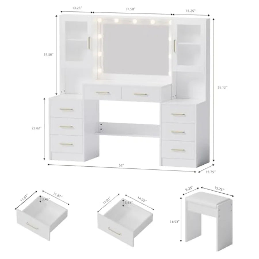 White 58 Makeup Vanity Desk with Lighted Mirror 3 Lighting Modes Charging Station 8 Drawers 2 Cabinets Ample Storage Modern Dre