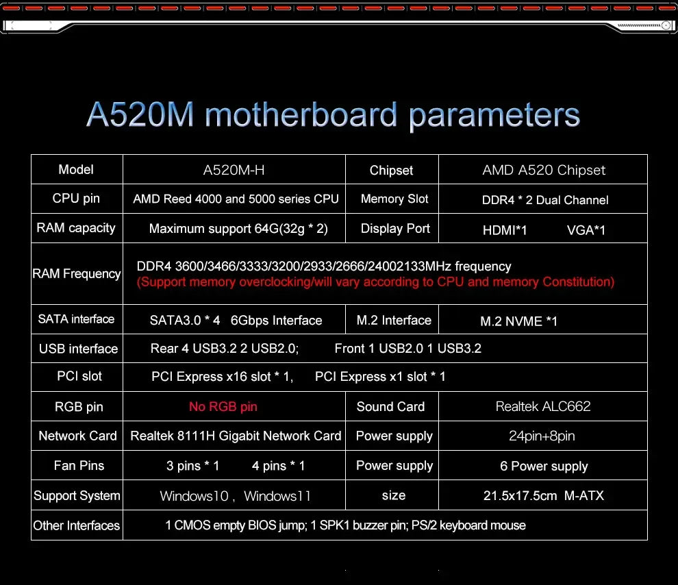 JGINYUE A520M-H motherboard AM4 DDR4 PCI-E 3.0 USB3.2 Micro ATX M.2 support  AM4 4000 series and 5000 series