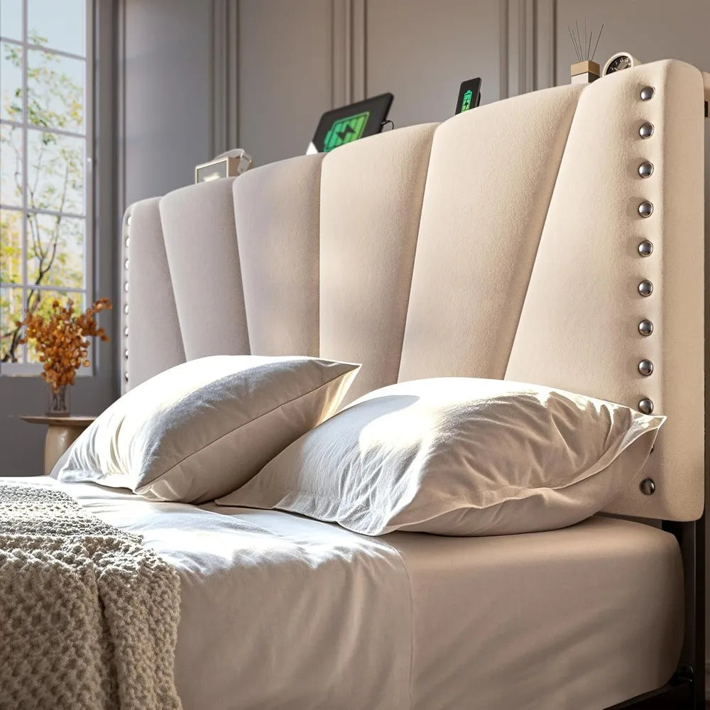 New upgrade - Queen Bed Frame with Velvet Headboard and LED Lights, Storage Headboard with Charging Station, Bed Frame Queen