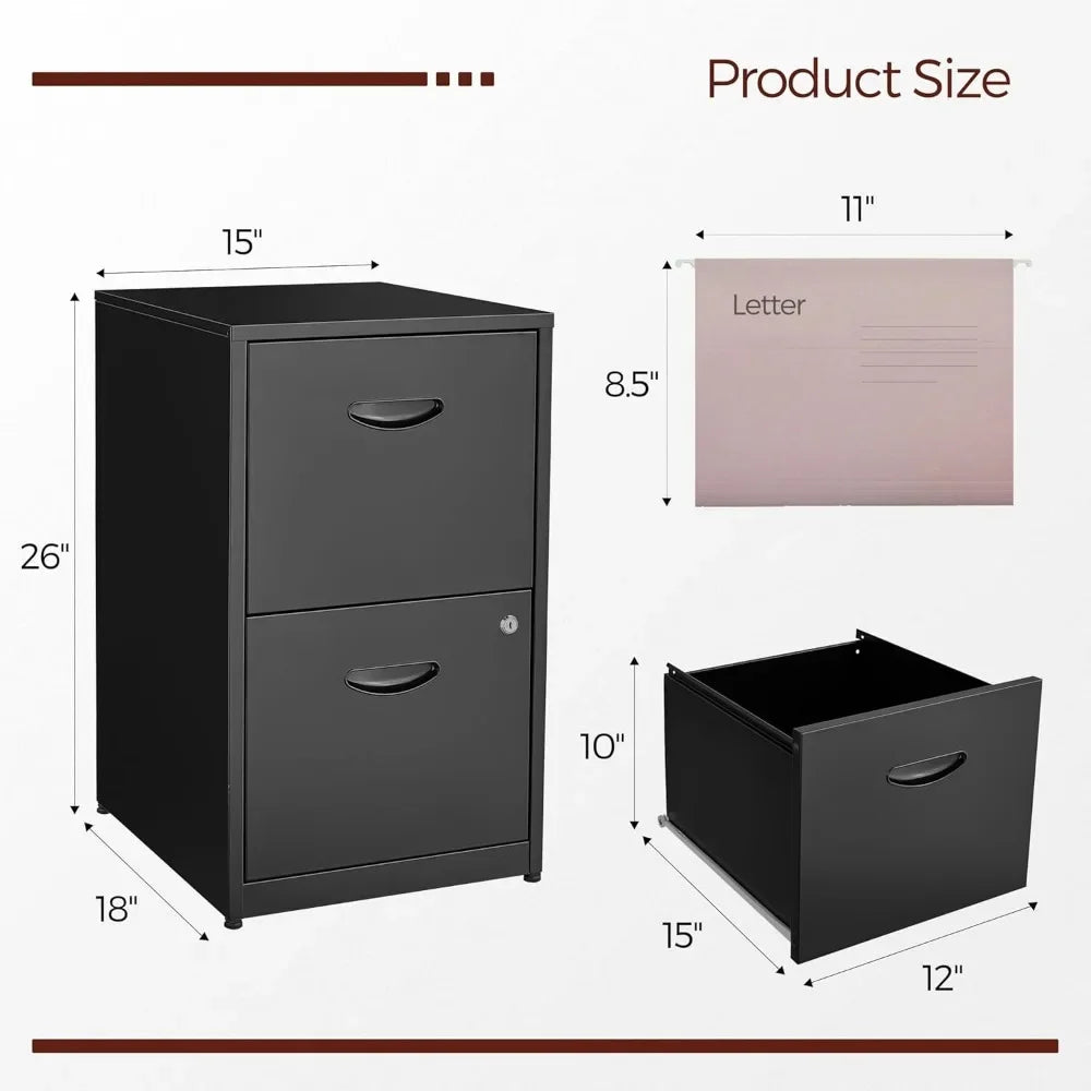 2 Drawer File Cabinet with Lock,Black Metal Filing Cabinets,Vertical Locking File Cabinet Fit Hanging Files, Letter,File Box