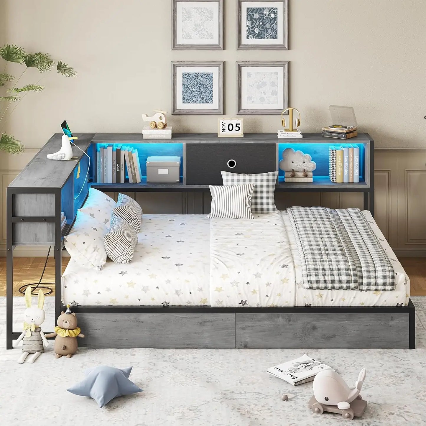 Corner Full Bed Frame with Bookcase Storage and Led Lights Full Size Metal Platform Bed Frame with Storage Drawers & Charging