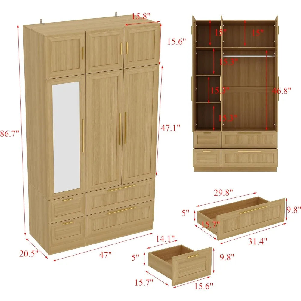 Wardrobe Closet with Mirror, 3 Door Wardrobe with Hanging Rod, 4 Drawers, Shelves, Modern Bedroom Armoire with Gold Handle, Oak