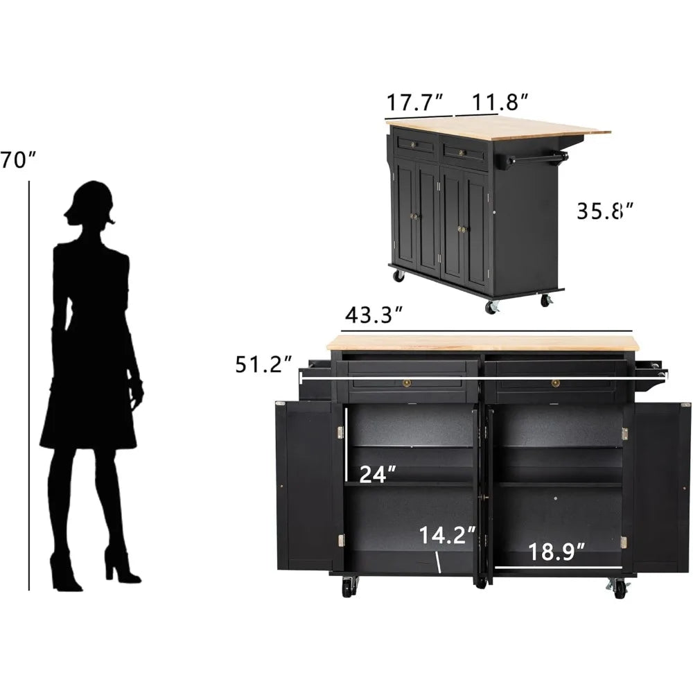 59" Rolling Kitchen Island with Drop Leaf - Mobile Cart with Storage Drawers & Towel Rack, Multi-Functional for Kitchen & Dining