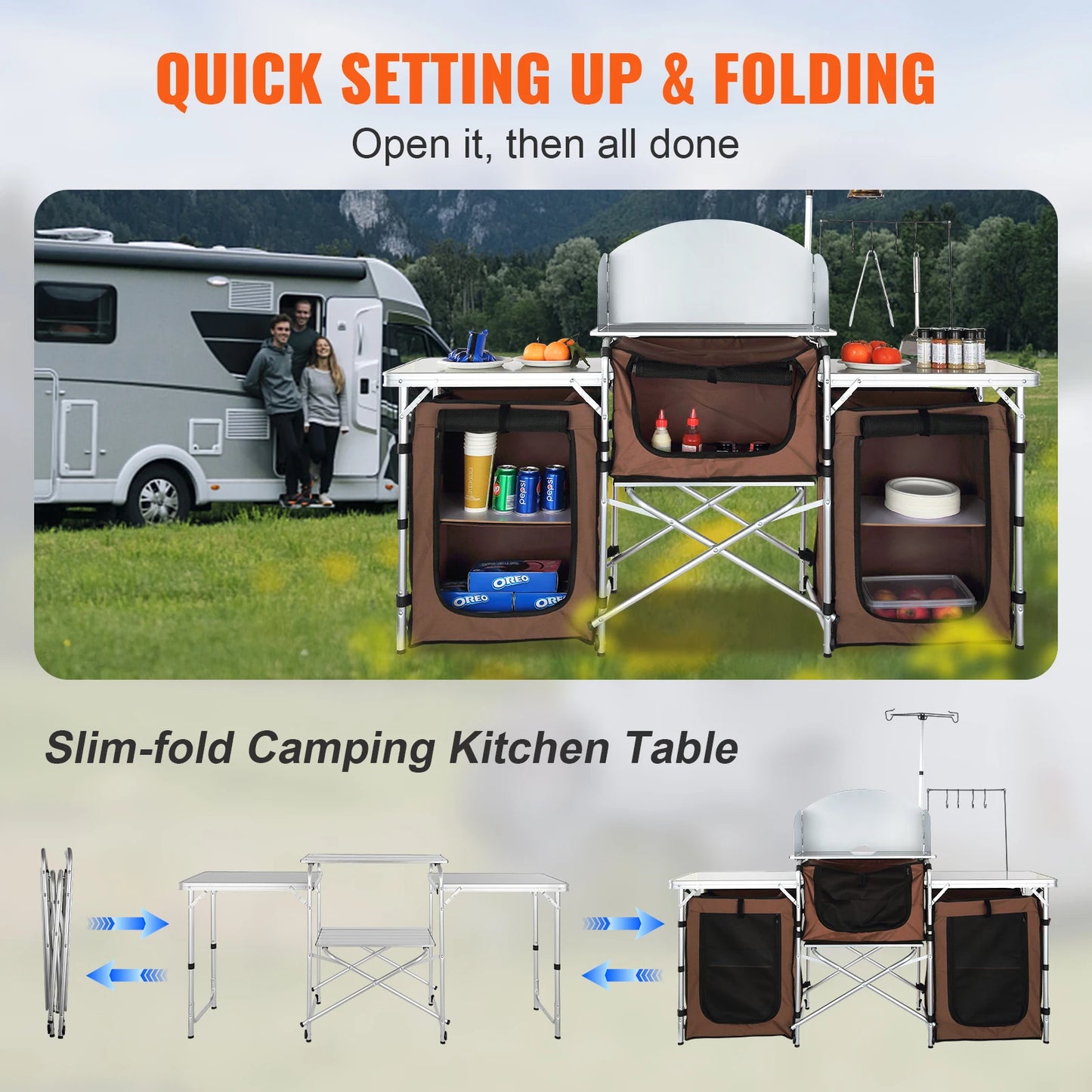 VEVOR Camping Kitchen Table Folding Outdoor Cooking Table with Storage Carrying Bag Aluminum Cook Station 3 Cupboard  Windscreen