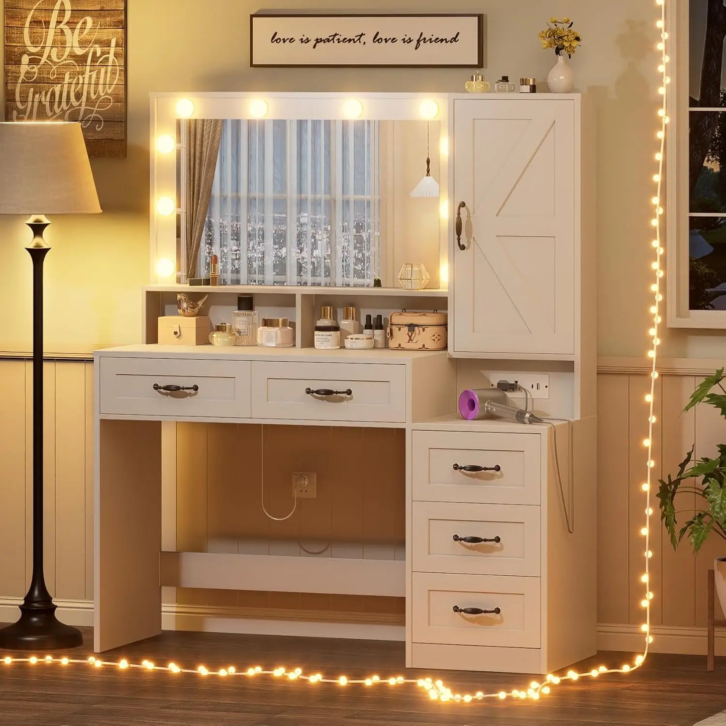 Vanity Desk with Large Mirror, Lights & Power Outlet, Black Makeup Vanity with 9 Drawers & Shelf Storage, Customized