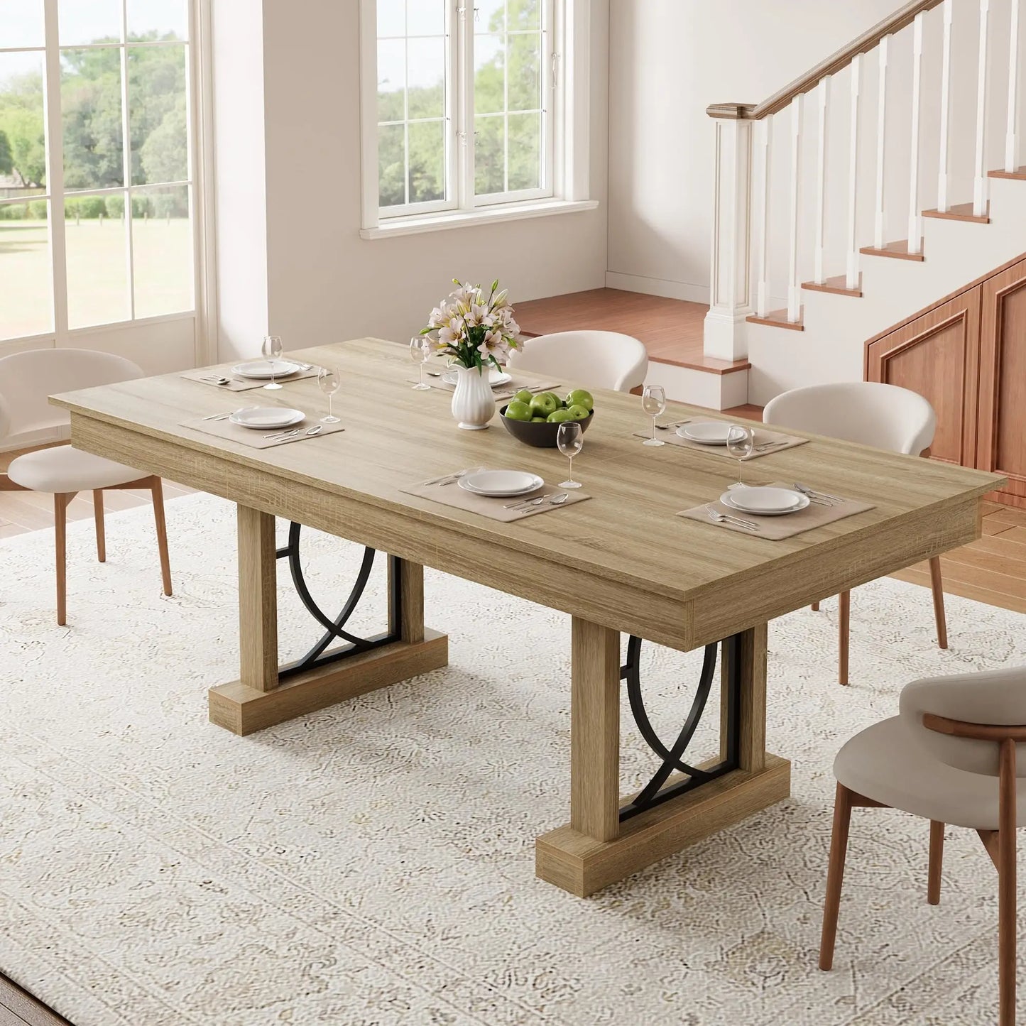 Large 71 Inch Dining Table With 2 Storage Drawers For 6-8, Rustic Wood Kitchen Table, Heavy Duty Base, Home Office Desk