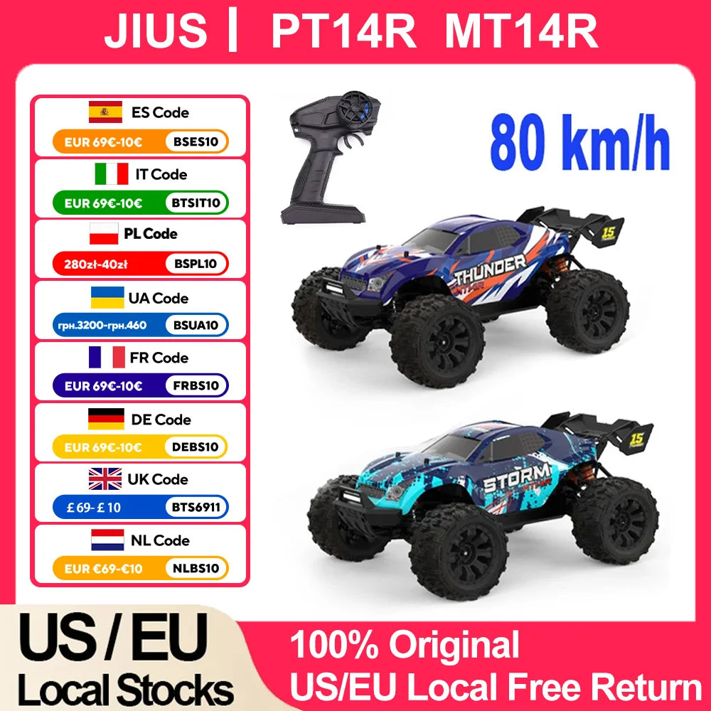 MT14R 1/14 RC Car JIUSI Brushless 80km/h 2.4G Remote Control Car High Speed Off-road Racing Car 23-26 mins Working Time RC Toys