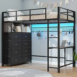 Twin Loft Bed with Desk & 8 Drawers Tall Dresser, Metal Loft Bed with LED Lights & Charging Station, 2-Tier Storage Shelves, Sta