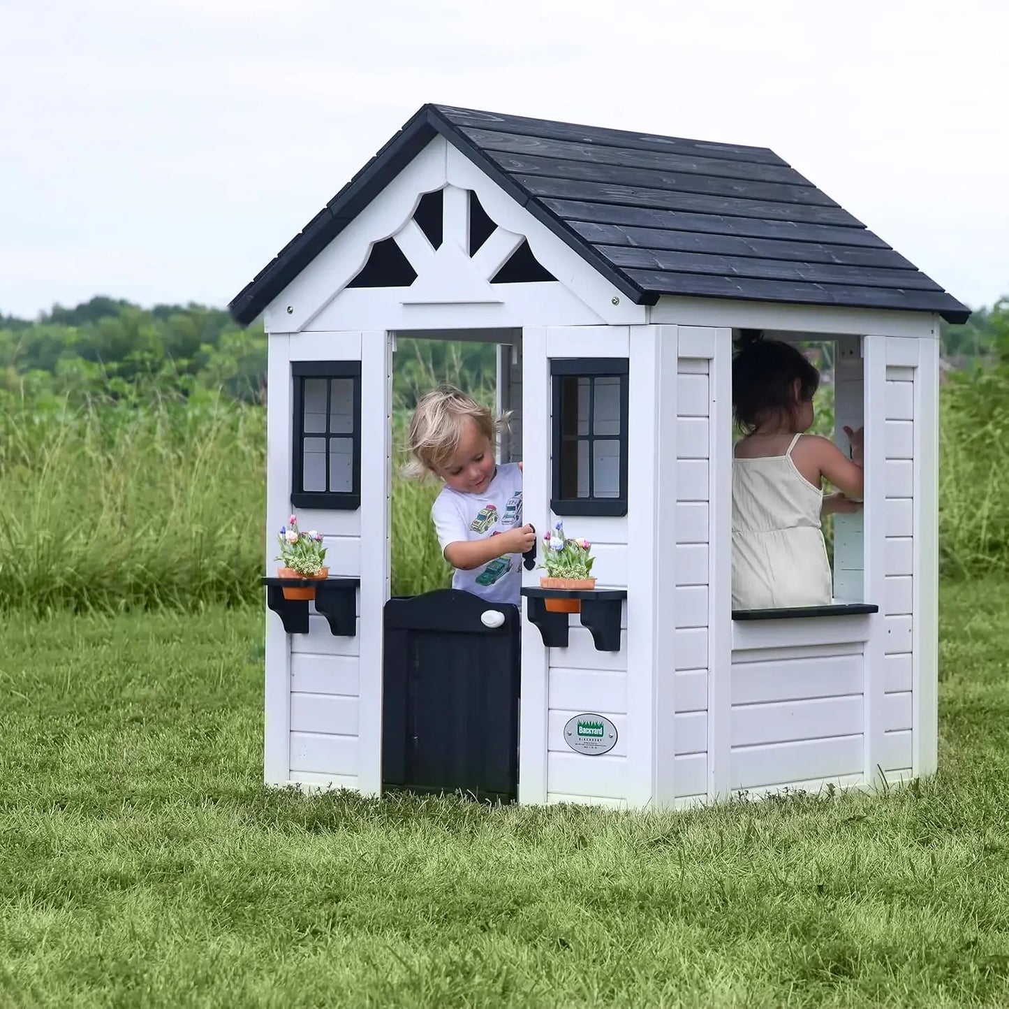 HOME All Cedar White Modern Outdoor Wooden Playhouse, Cottage, Sink, Stove, Windows, Kitchen with Pot and Pans