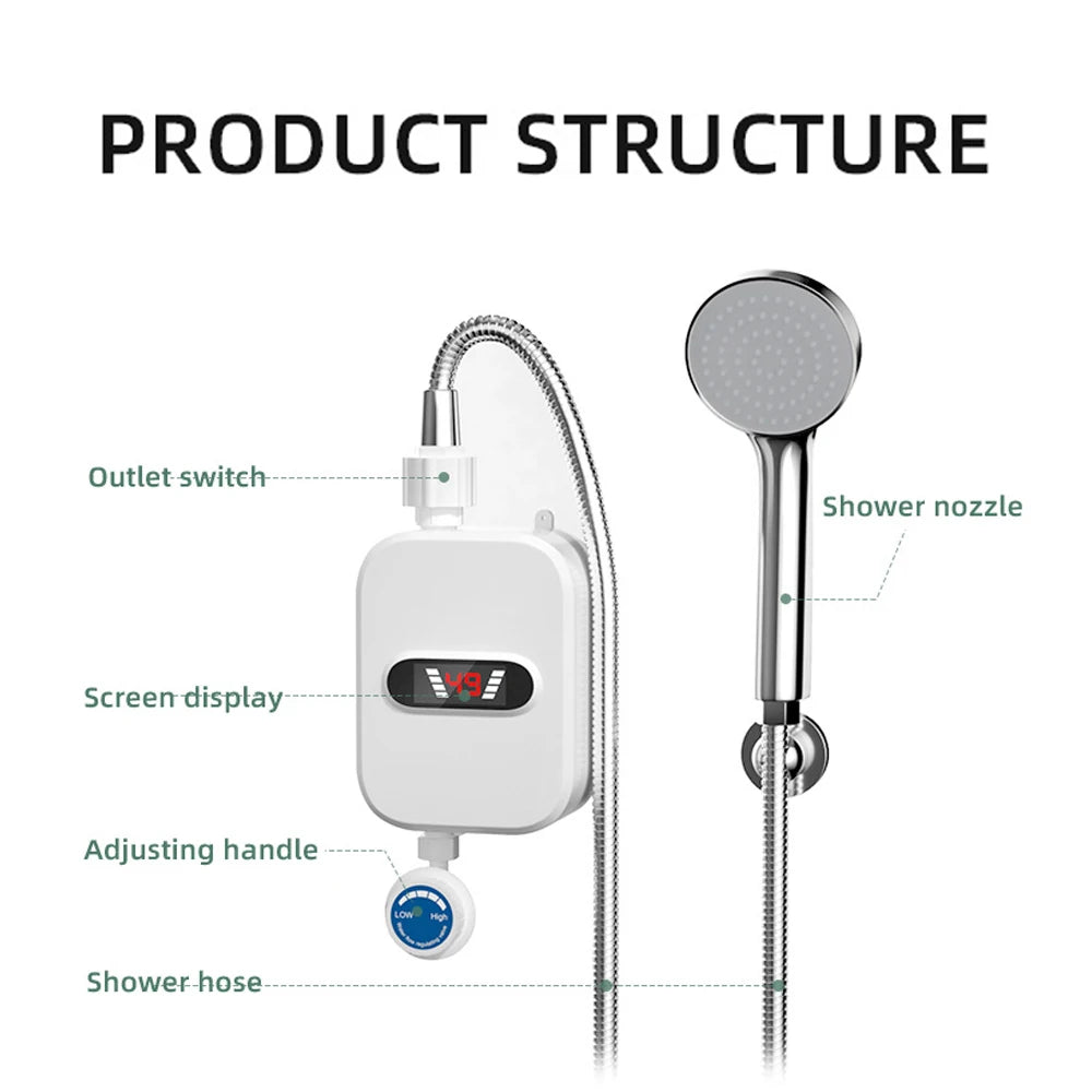 Instant Water Heater LCD Digital Display Thermostatic Shower Water Heating Device Stainless Steel Tankless Rapid Heating Machine