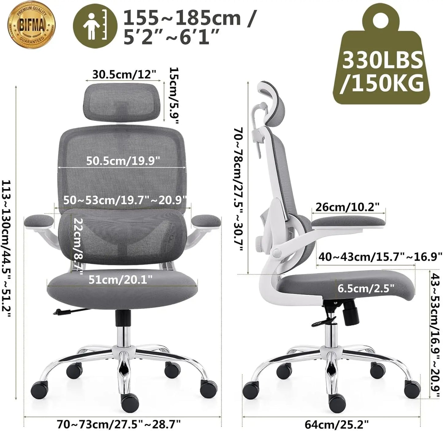 High Back Mesh Desk Chair with Adjustable Lumbar Support, Flip-up Armrest, Removable Headrest, Swivel Computer Gaming Chair
