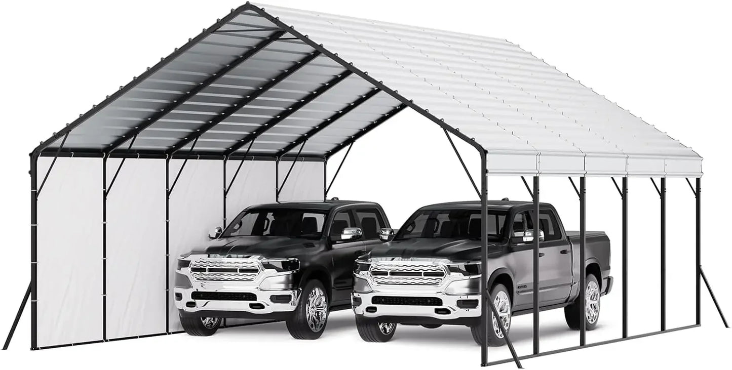 20x24 ft Heavy Duty Metal Carport, Outdoor Car Shelter with Removable PE Sidewalls, Steel Frame Garage for Car, Truck, Boat