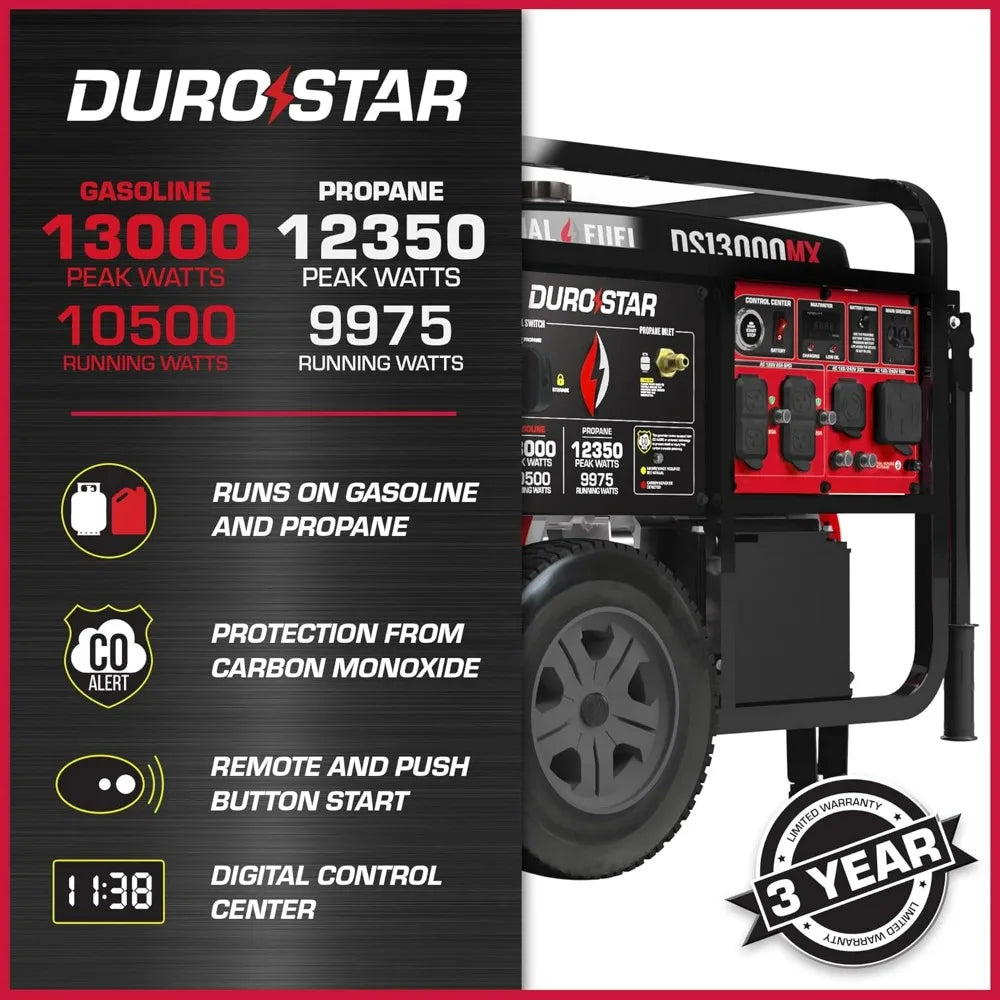 13000W Dual Fuel Portable Generator - Gas & Propane, Electric Start, Home Backup, RV Ready, CO Safety
