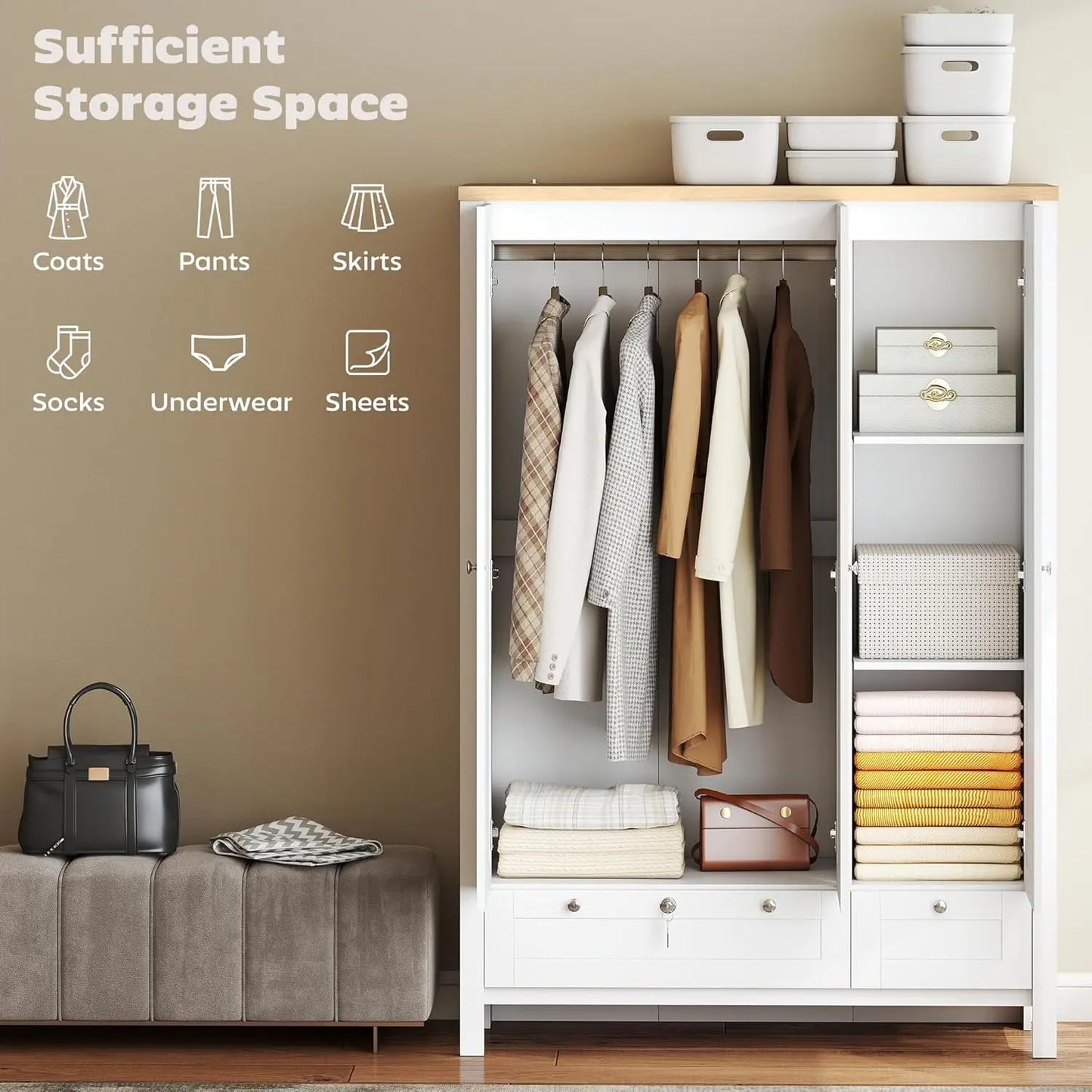 3 Door Armoire Wardrobe Closet with 2 Drawers, 69" Clothing Storage Cabinet with Lockable Large Drawer, Hanging Rod, Customized