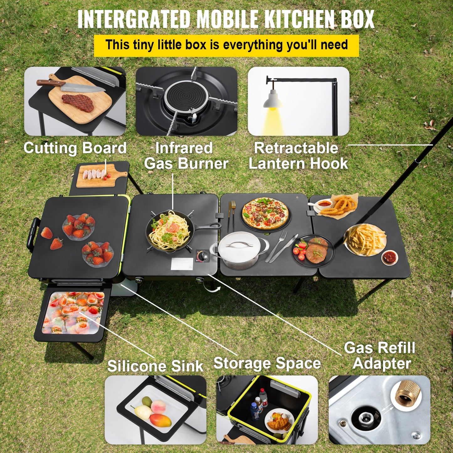 VEVOR Mobile Kitchen Portable Multifunctional Camp Box w/ Wheels All in One Integrated Camping Cooking Station Foldable Outdoor