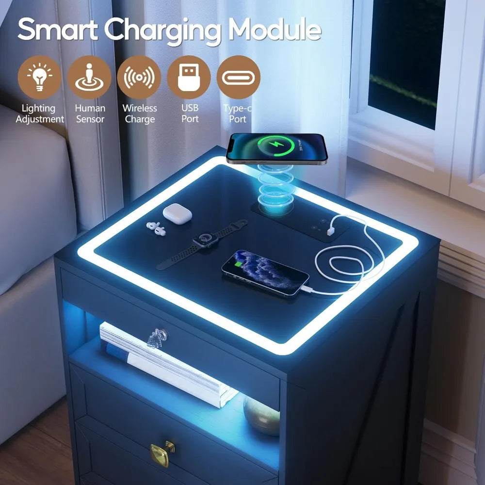 Smart Nightstand with Lockable Gun Drawer, Charging Station & 3 LED Lights, Modern Bedside Table for Bedroom