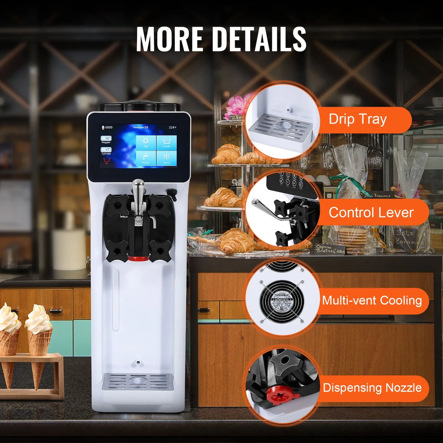 SucceBuy Commercial Ice Cream MachineSingle Flavor Countertop Soft Serve Ice Cream Maker Touch Screen Auto Clean Pre-cooling