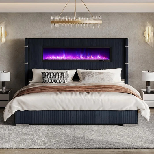 Modern King Size Bed Frame with Fireplace, Wingback Platform Bed Frame with 60.4“ Extra Tall Headboard, Corduroy