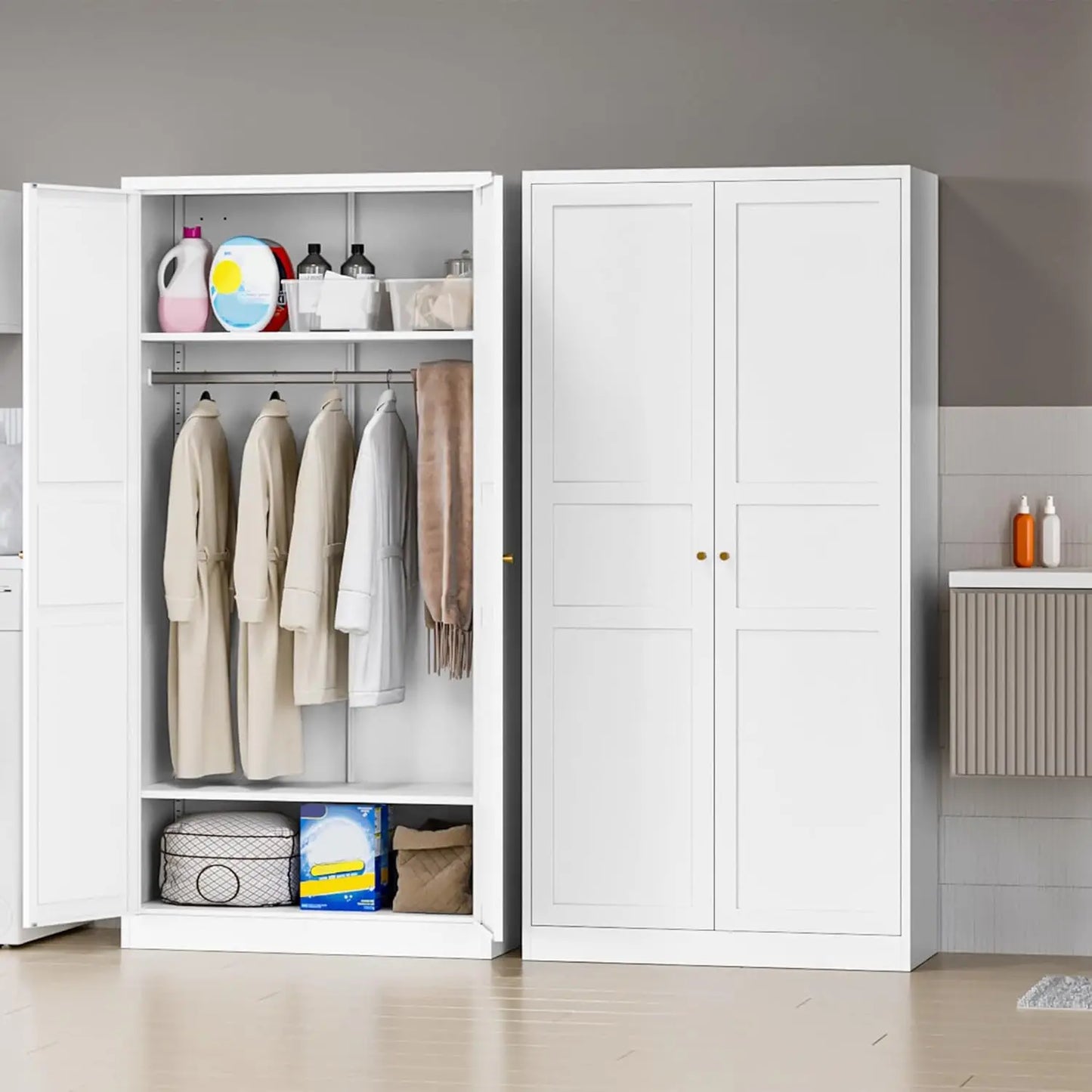 Wardrobe Closet with 2 Doors, 72" Metal Clothing Storage Cabinets with Hanging Rod, Bedroom Armoires Laundry Room, Customized