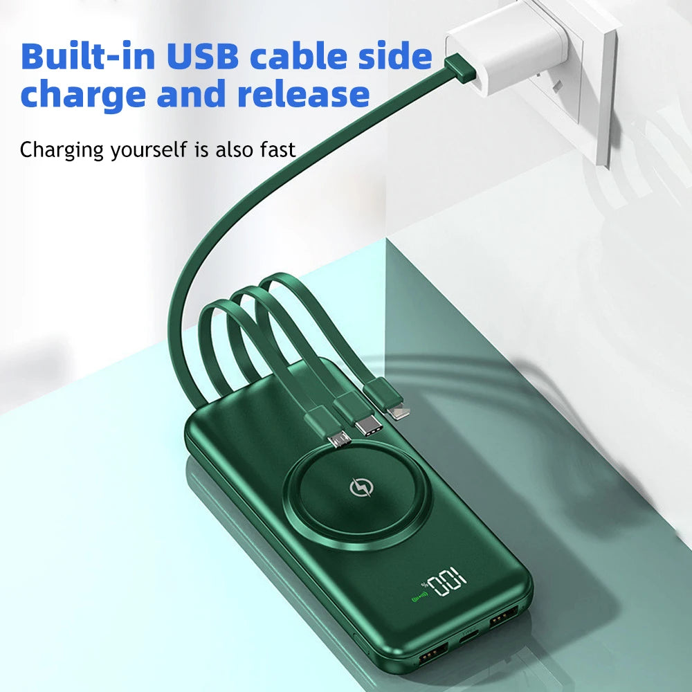 20000mAh Wireless Power Bank Fast Charging Built-in Quad Power Cable Mobile Phone Charger For Iphone 13 14 15 Xiaomi Samsung