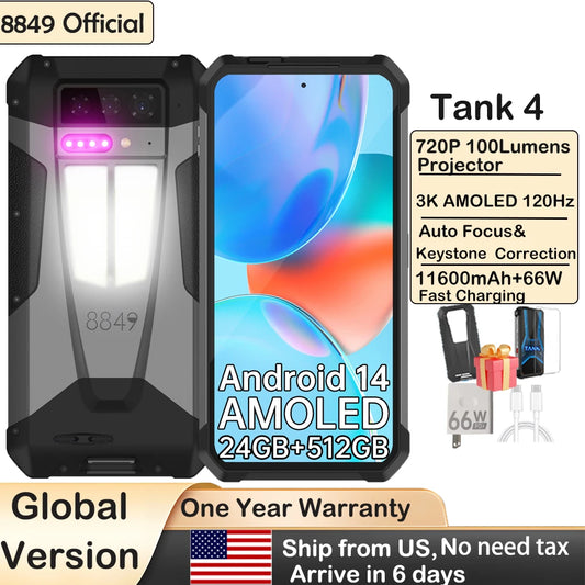 8849 Tank 4 Unihertz Rugged Smartphone With Projector 720P 100 Lumen 6.78'' AMOLED 512G 11600mAh Android14 Dimensity 7300 120Hz