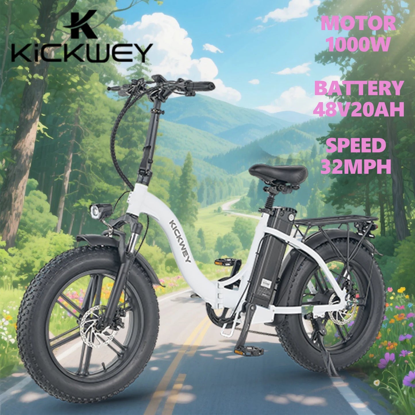 Kickwey L20 Folding Electric Bicycle 1000w Motor 48V Removable Battery Electric bikes for Adult 20 Inch Fat Tire Foldable E Bike