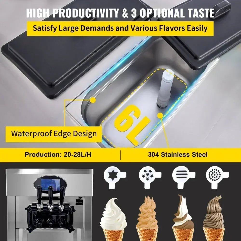 VEVOR 2200W Pre-cooling Commercial Soft Ice Cream Machine 3 Flavors Snack Shop Cafe 2+1 Flavors Vertical Soft Ice Cream Machine