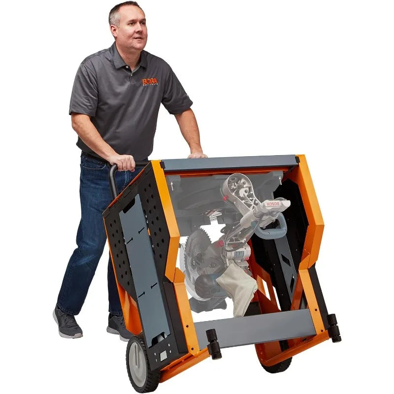 Portamate - PM-8000 Miter Saw Stand Work Station | Mobile Rolling Table Top Workbench Orange Grey with Folding Wing Extensions