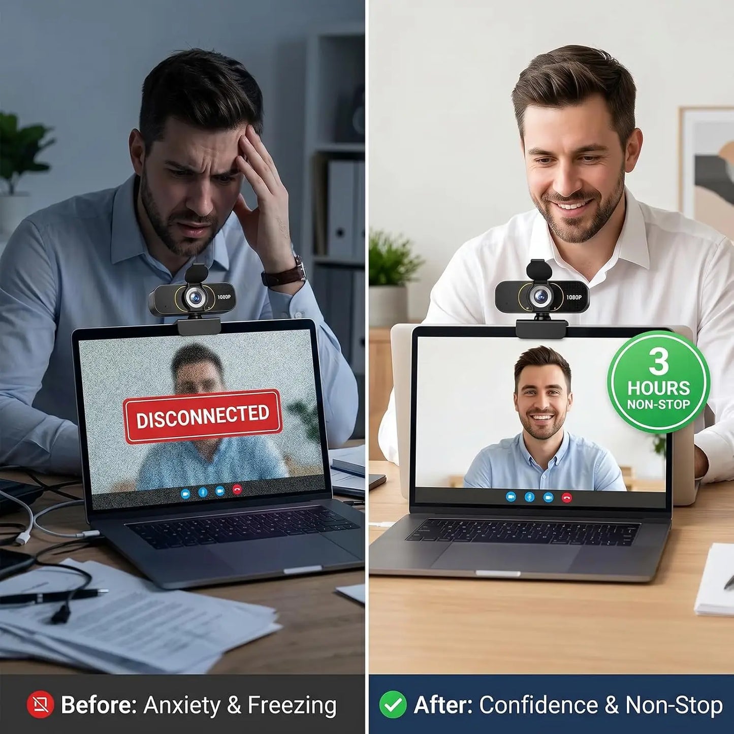1080P Webcam with Microphone, Plug and Play USB Camera for PC Laptop, Auto Light Correction, Privacy Cover, Flexible Clip
