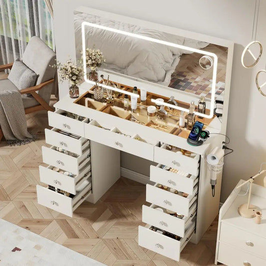 Makeup Vanity, 11 Drawers Vanity Mirror with Lights, Makeup Vanity Desk with 3 Lighting Modes Adjustable Brightness, Vanity with