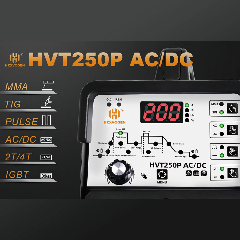HZXVOGEN 6IN1 HVT250P AC/DC HF TIG Welding Machine Multi Function Aluminum/Stainless Welding Pulse 2T/4T ARC MMA IGBT Welder