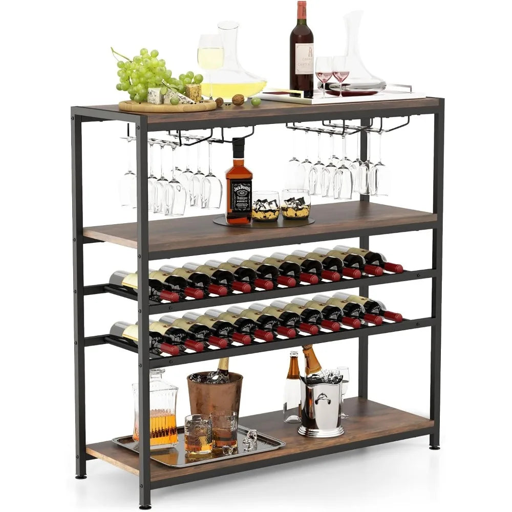 Industrial Wine Rack Table, Wine Bar Cabinet with 2-Tier Wine Rack, 4 Row Glass Holder and Storage Shelves