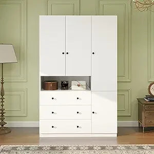 Wooden Armoire Wardrobe Closet：Modern Armoire Wardrobe Closet with 4 Doors, 2 Drawers and Hanging Rods for Tall Cabinet, Large C