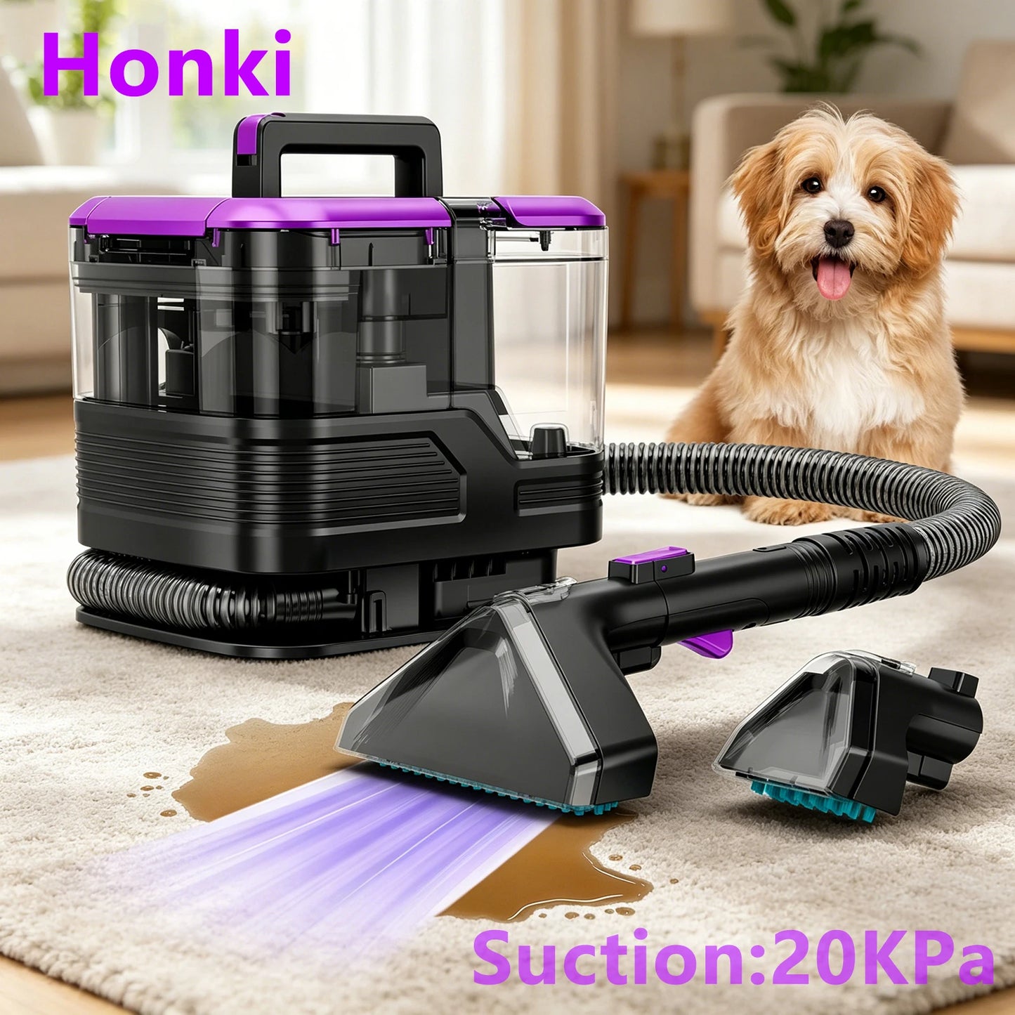 Honki 530W Carpet Cleaner Machine 20KPa Strong Suction Handheld Multifunctional Cleaner for Pet Hair Upholstery Sofa Mat Bed Self-cleaning Energy-saving Portable Wet and Dry Deep Cleaning Appliances