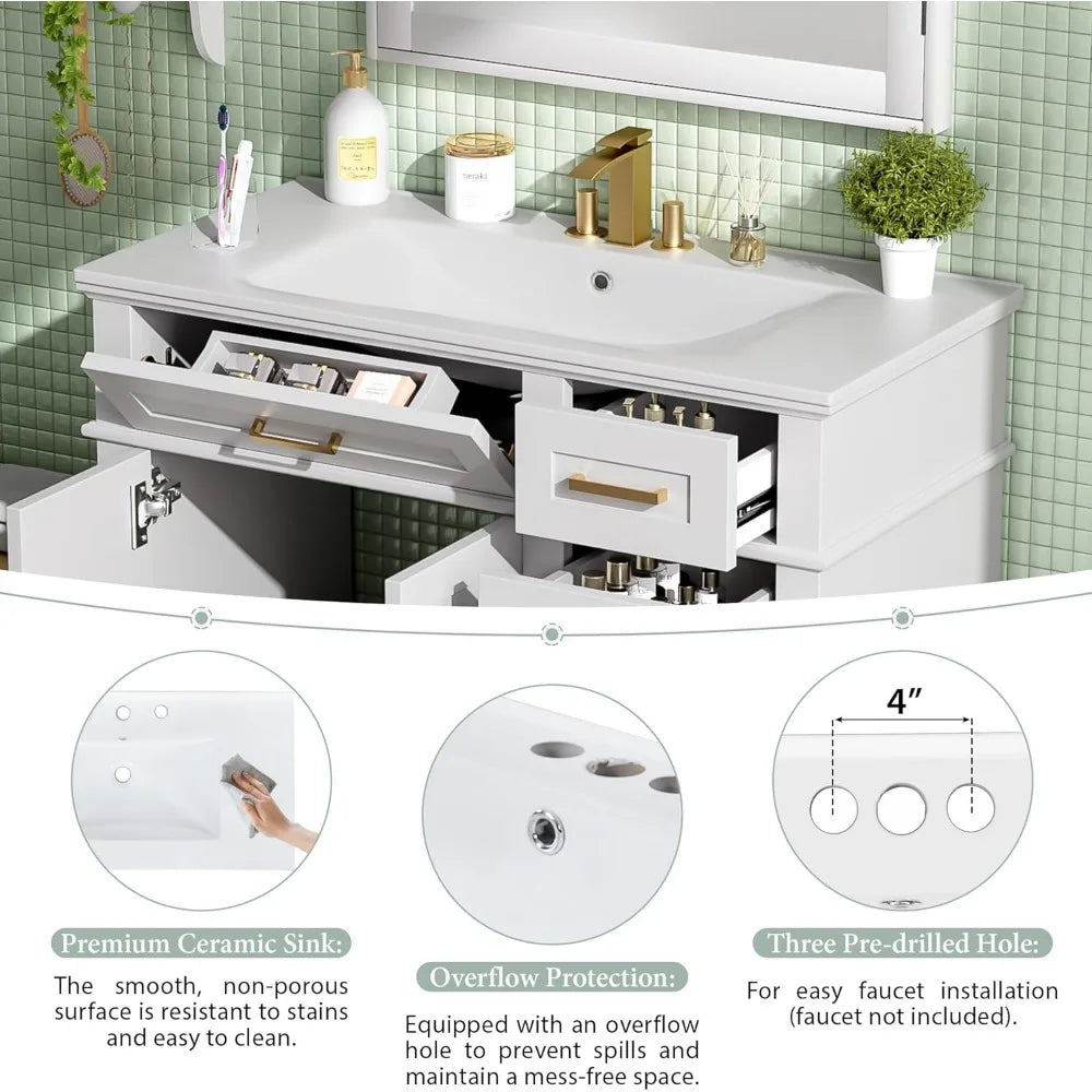 freestanding 36" solid wood bathroom vanity with ceramic sink and 4 drawers