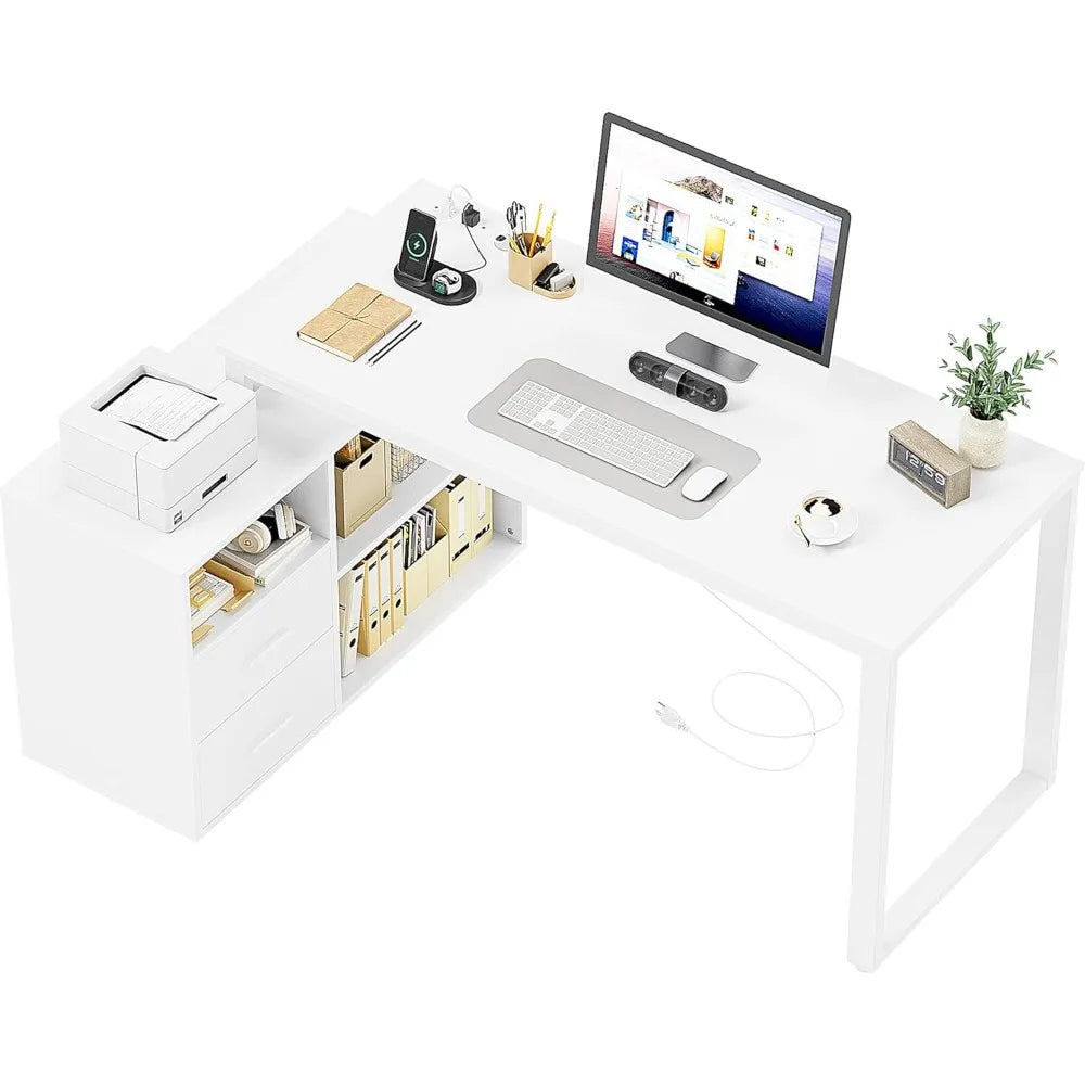 Shaped Desk with Drawers&Shelves, 55'' Corner Computer Desk with Power Outlets, Reversible PC Table with Storage File Cabinet