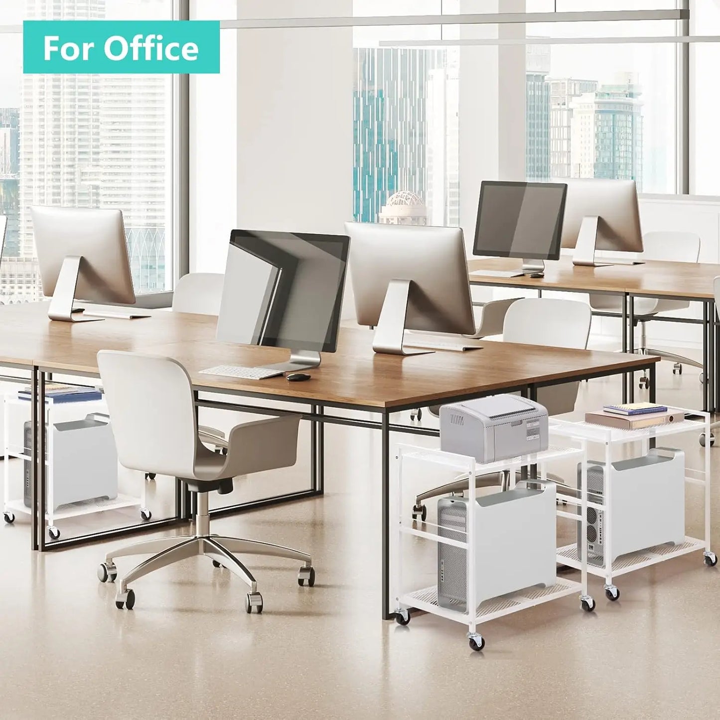 Computer Tower Stand White PC Tower Stand 2 Tier CPU Holder with Wheels Metal Mobile Computer Tower Cart Rolling PC Cart Floor