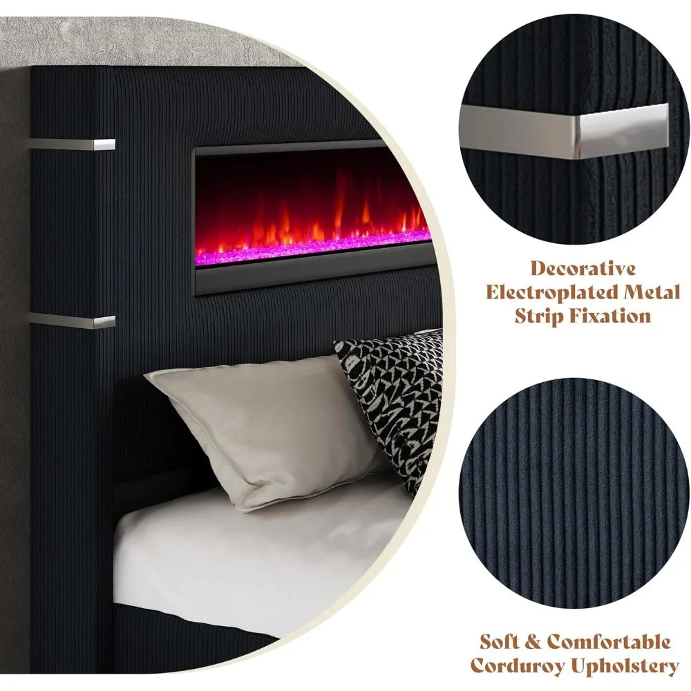 Modern King Size Bed Frame with Fireplace, Wingback Platform Bed Frame with 60.4“ Extra Tall Headboard, Corduroy