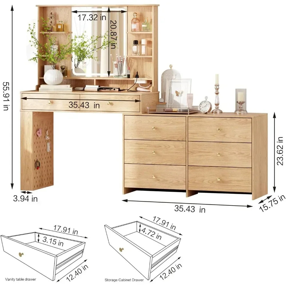 illuminated makeup vanity desk with mirror, 8 drawers, storage shelves, and power outlet in 3 colors