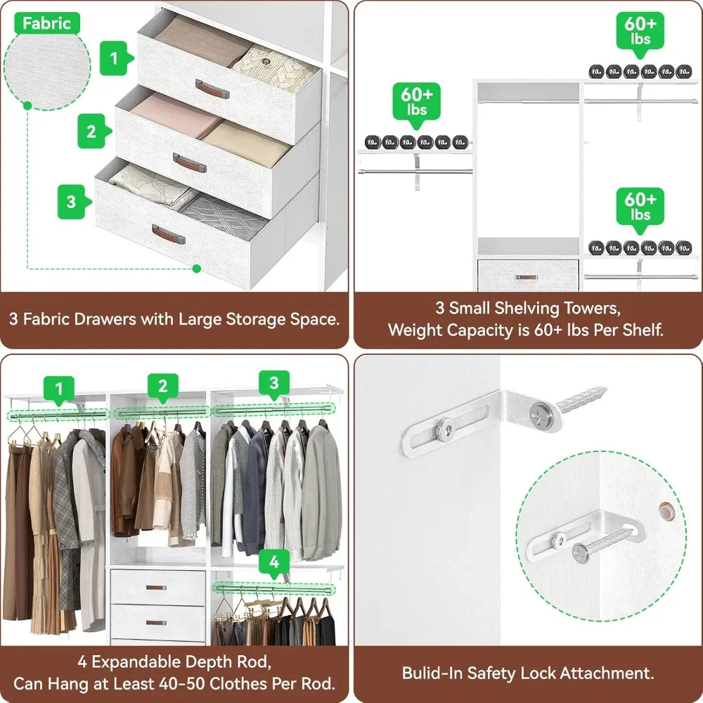 5FT Small Closet System, 60" Walk-In Closet Organization System, Adjustable Shelves, 59"L X 16"W X 71"H, White