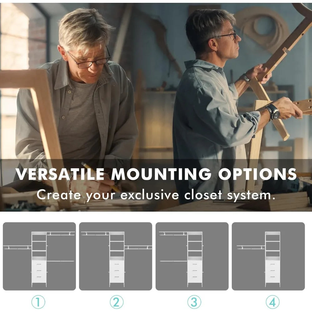 Closet System with Drawers, 8FT Walk in Closets Organizer with 3 Shelving Towers, 96" Wood Storage Unit w/ Hanging Pods & Garmen