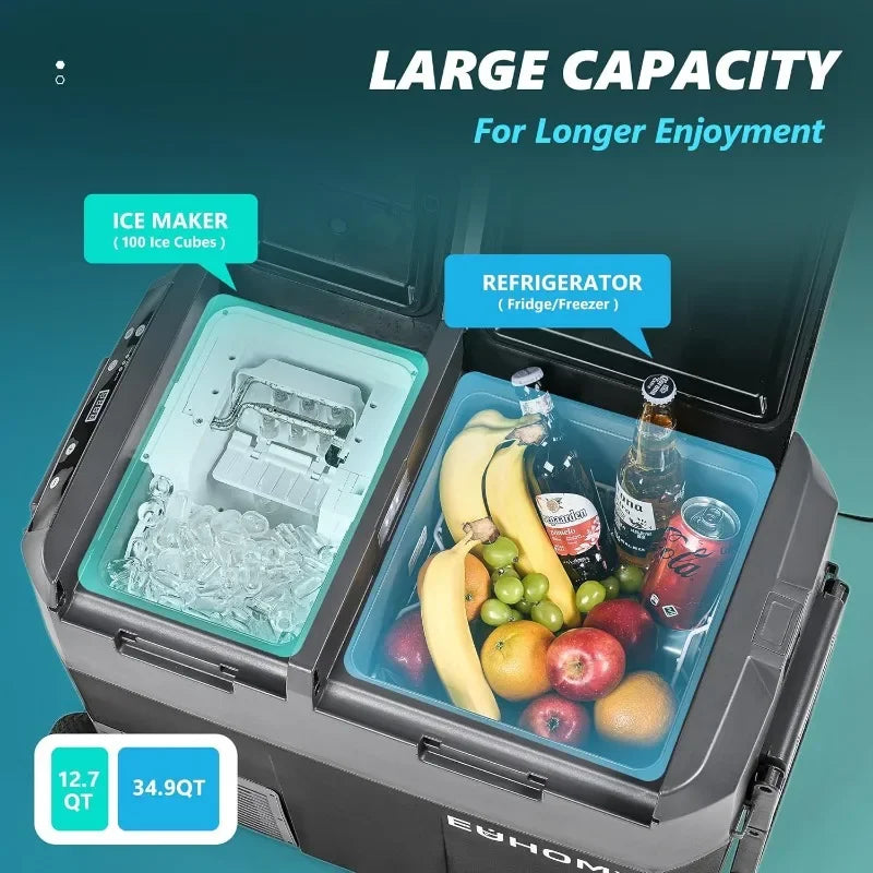 HOME.12 Volt Refrigerator with Ice Maker, 48QT(45L) Electric Cooler Usable Battery Dual Zone, Car Refrigerator APP Control, 12