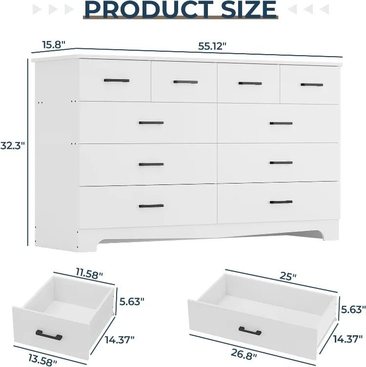 White Dresser for Bedroom with 10 Drawers, Large Chest of Drawers Storage Organizer, Long Dresser TV Stand with Power Out