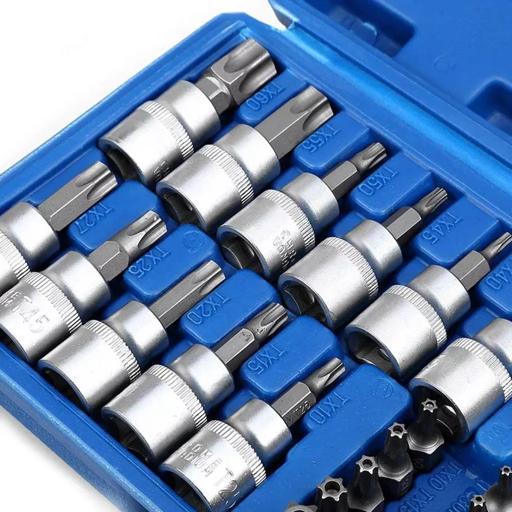 34Pcs Torx Star Sockets & Bit Set Male / Female E- Security Bits Drive Handheld Tool Torque Star Socket with Blue Case