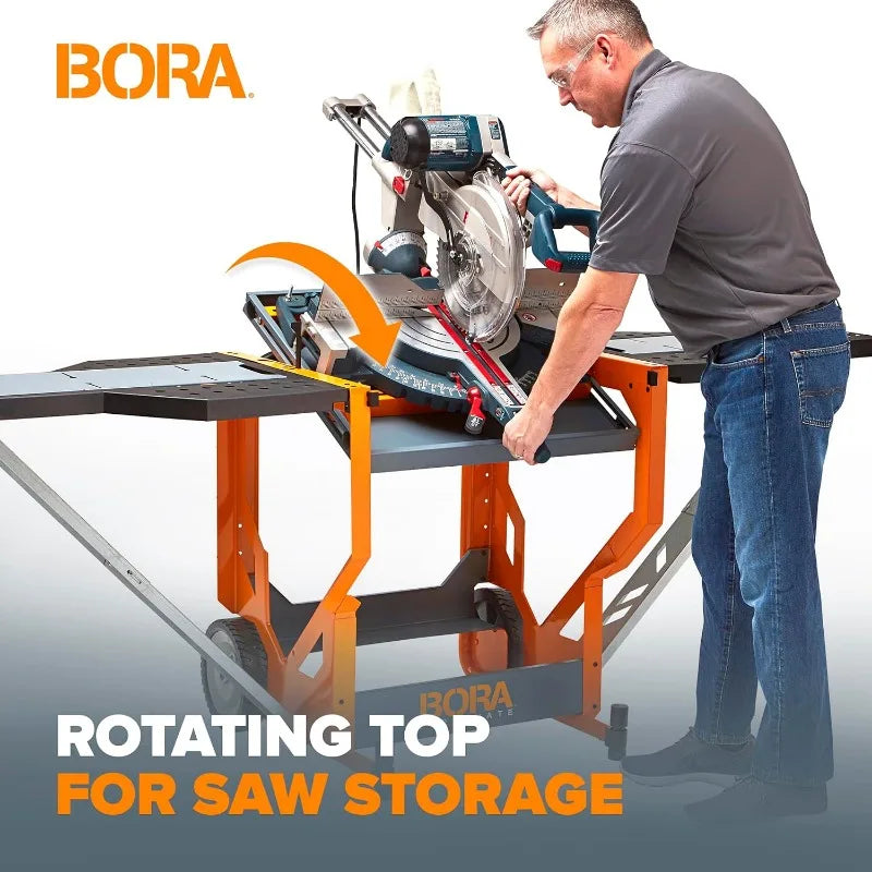 Portamate - PM-8000 Miter Saw Stand Work Station | Mobile Rolling Table Top Workbench Orange Grey with Folding Wing Extensions